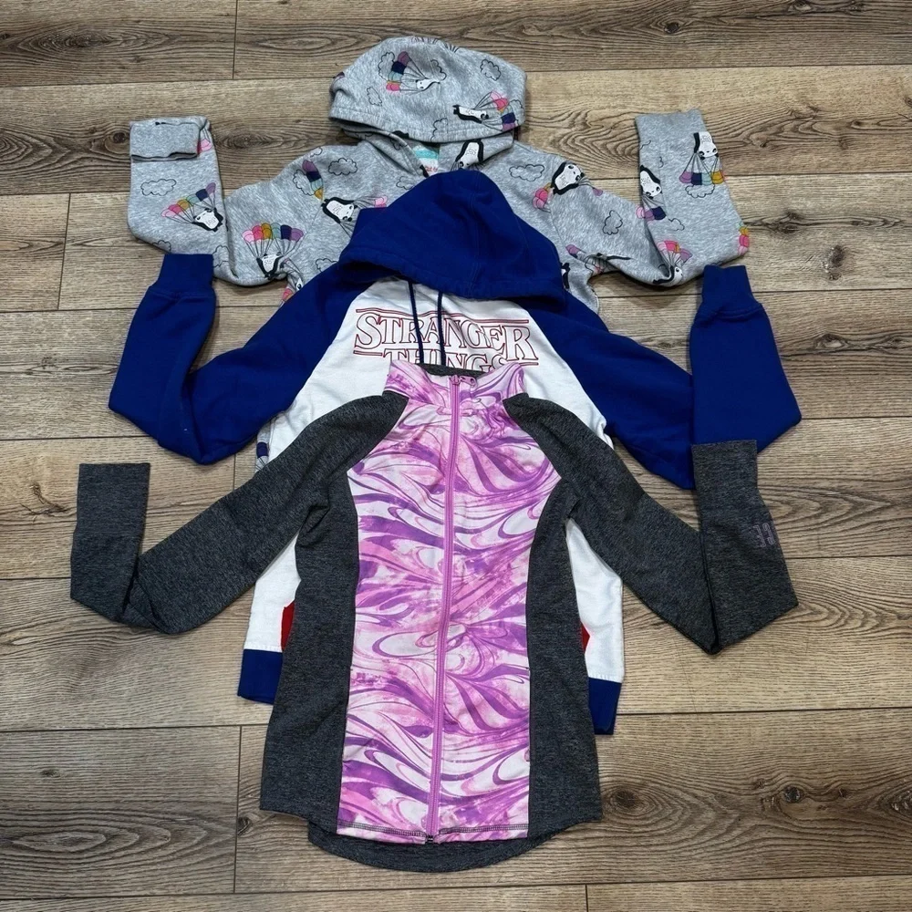 3 sweatshirts, Stranger Things, purple gray zip up, panda bears, similar fit.